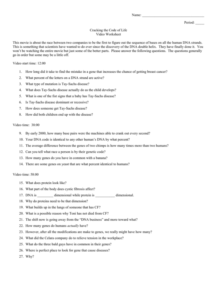 Name Period  Cracking The Code Of Life Video Worksheet