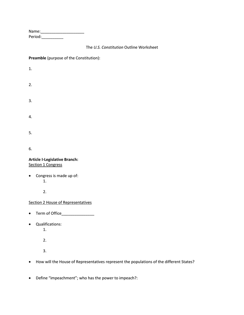 Name Period The Us Constitution Outline Worksheet