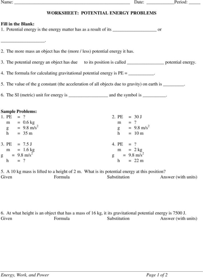 Name Period Worksheet Kinetic And Potential Energy Problems