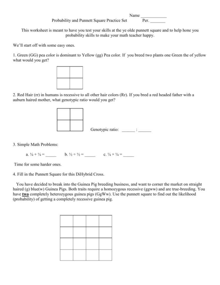 Name  Probability And Punnett Square Practice Set Per