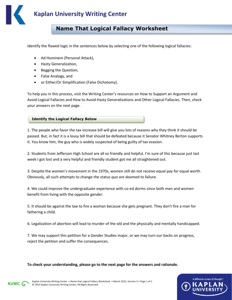 Name That Logical Fallacy Worksheet Name That Logical Fallacy Worksheet