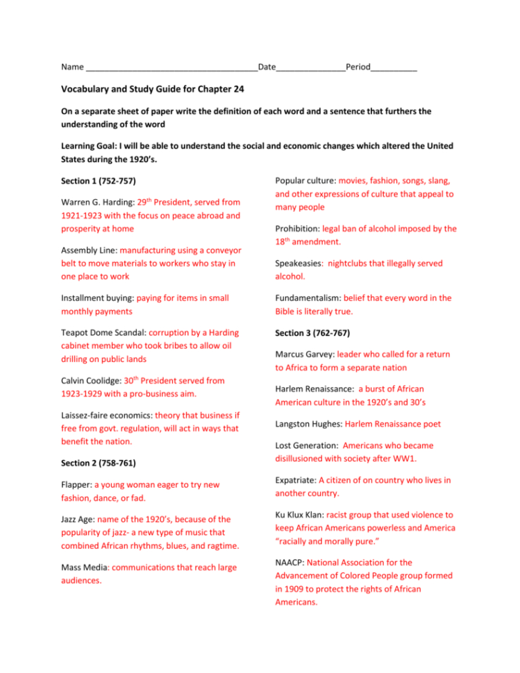 Name Vocabulary And Study Guide For Chapter 24 On A Separate