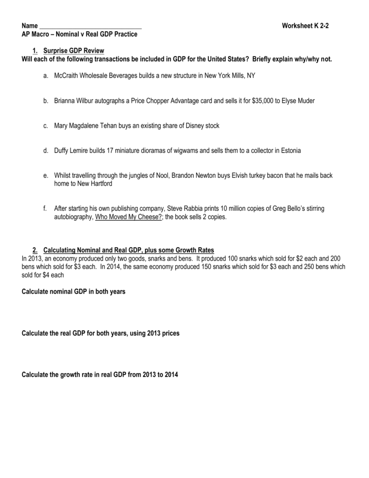 Name Worksheet K 22 Ap Macro – Nominal V Real Gdp Practice 1