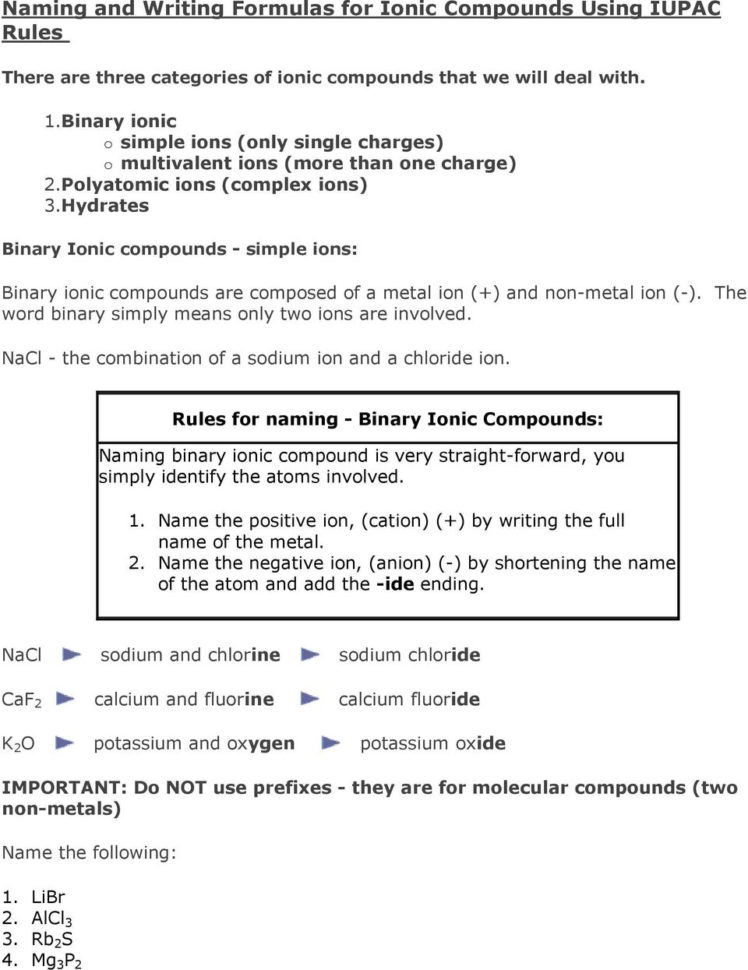 Naming And Writing Formulas For Ionic Compounds Using Iupac Rules  Pdf