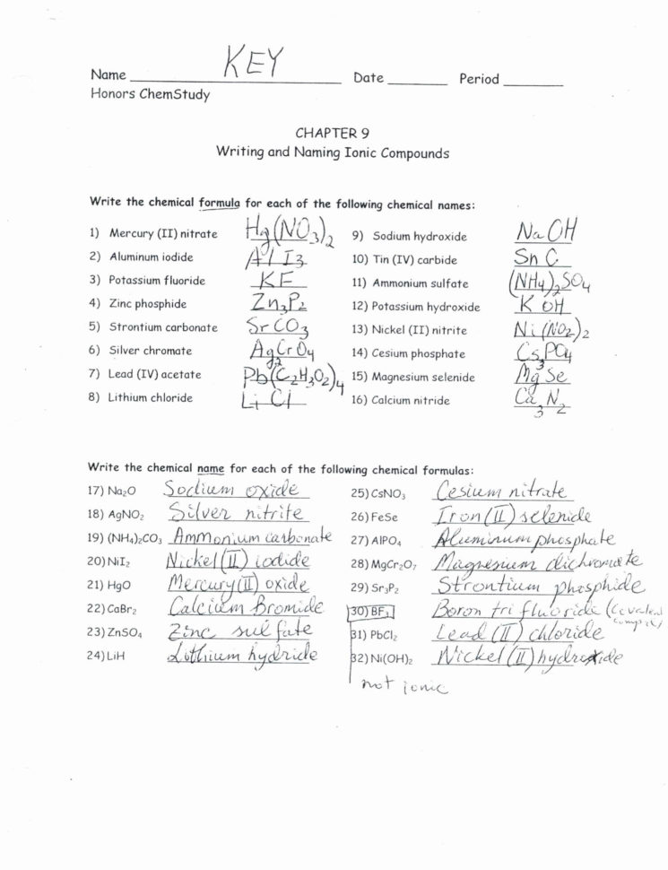 Naming Chemical Compounds Worksheet Answers