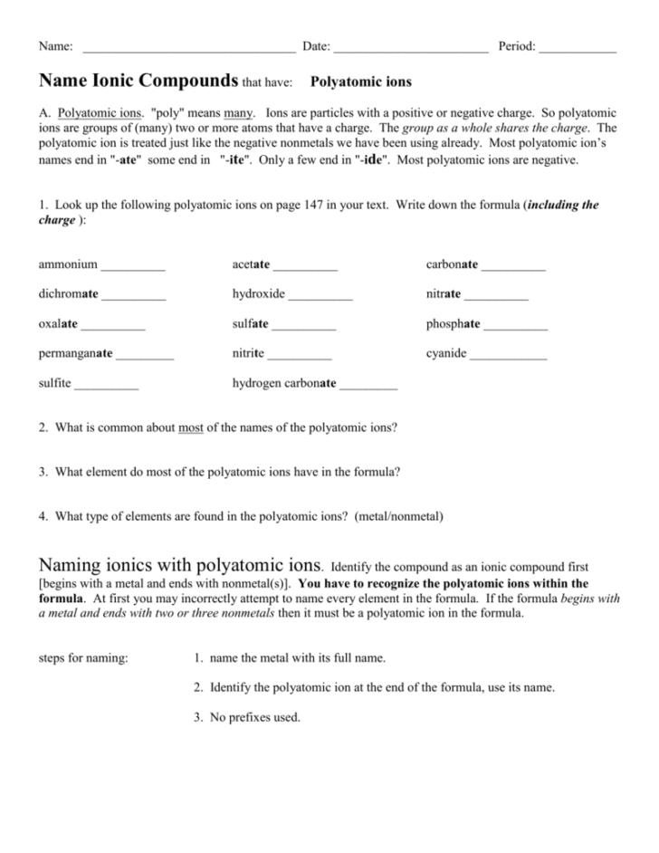 Polyatomic Ions Worksheet
