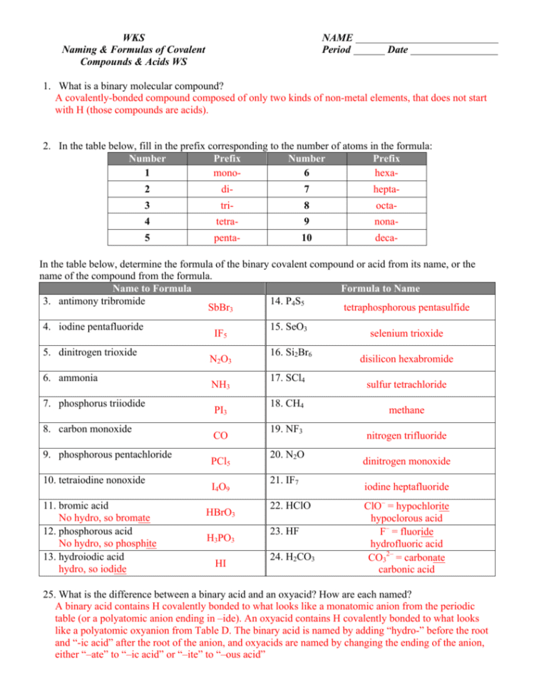 Naming Covalent Compounds Worksheet Answers Db Excel Com