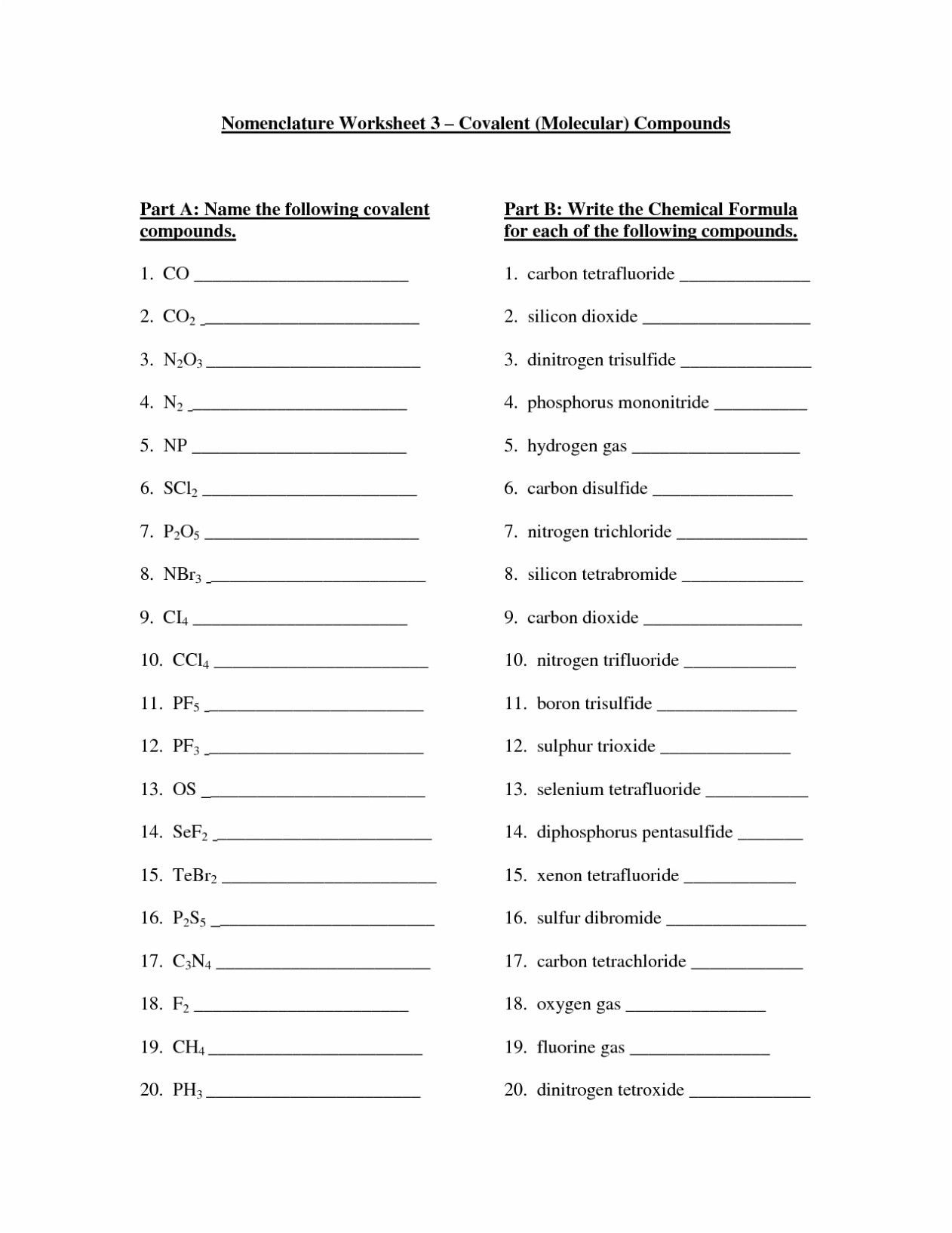 Molecular Compounds Worksheet Answer Key