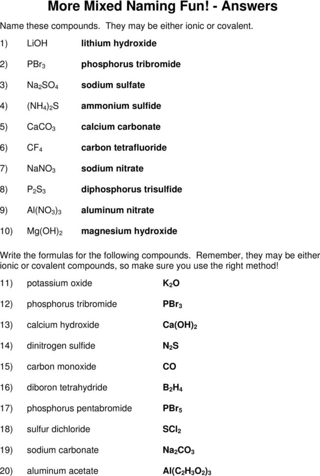 Naming Ionic Compounds Answer Key  Pdf