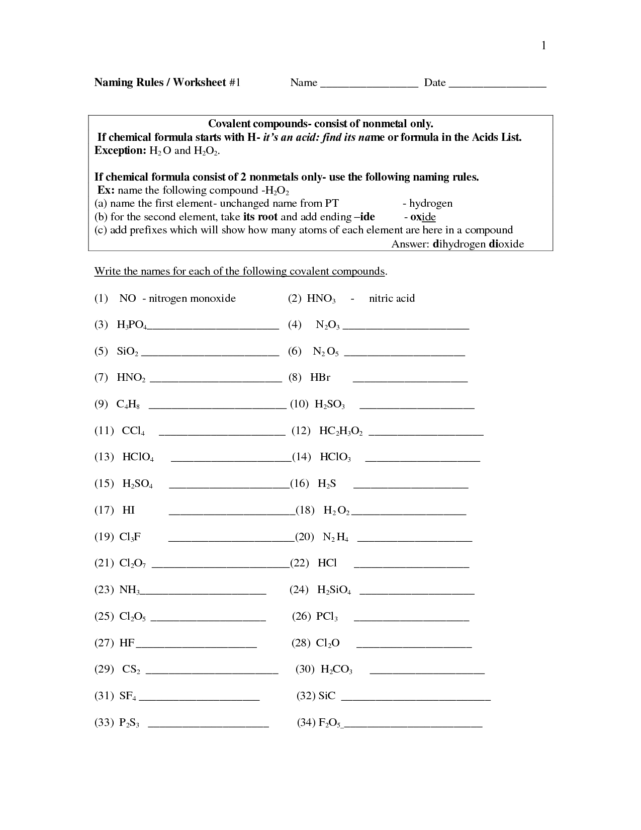 Naming Chemical Compounds Worksheet With Answers