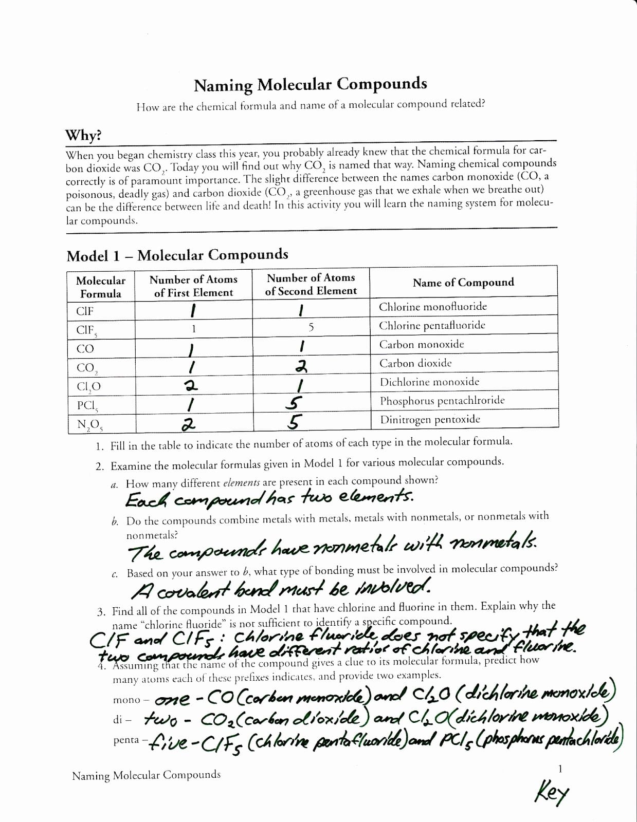 Naming Molecular Compounds Worksheet With Answers