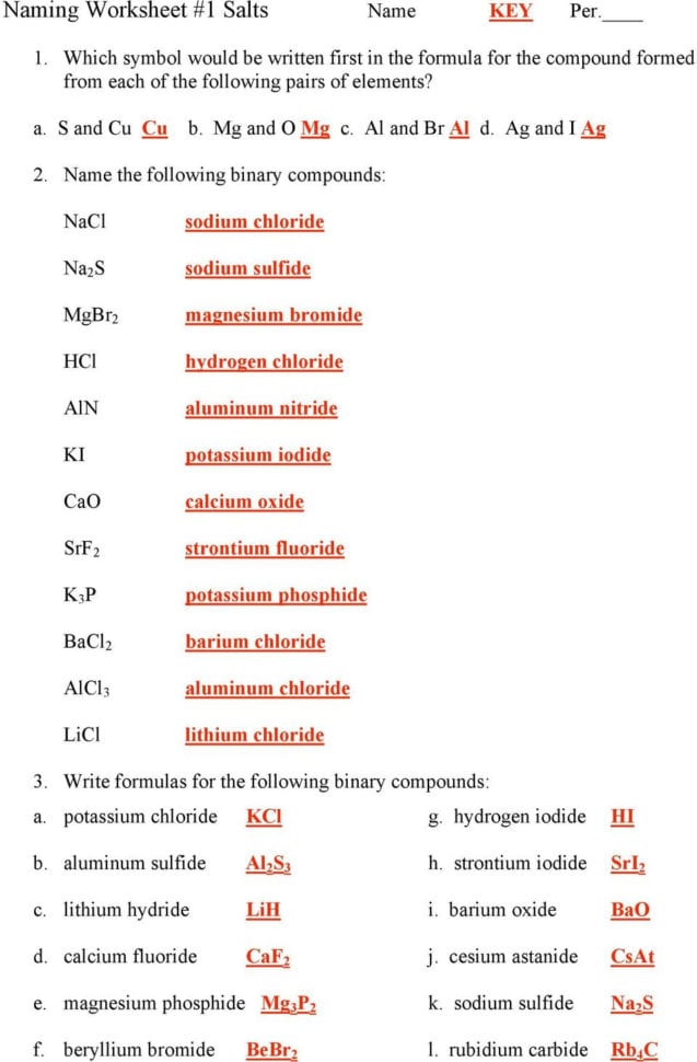 Naming Worksheet 1 Salts Name Key Per  Pdf