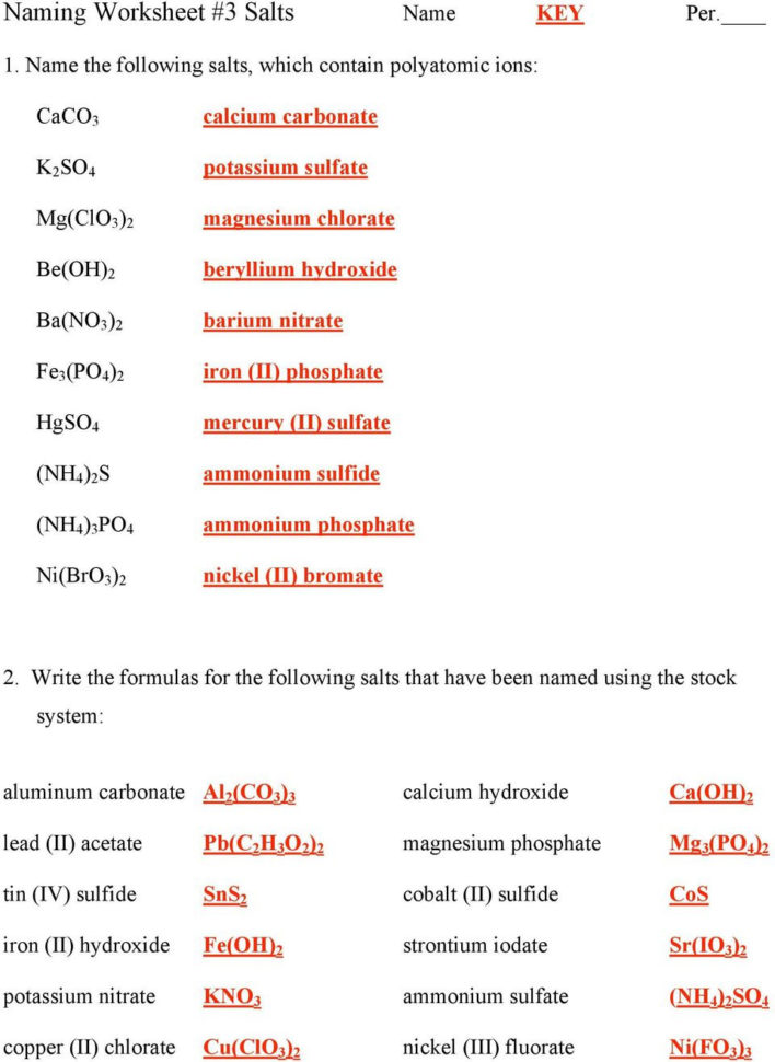 Naming Worksheet 1 Salts Name Key Per  Pdf
