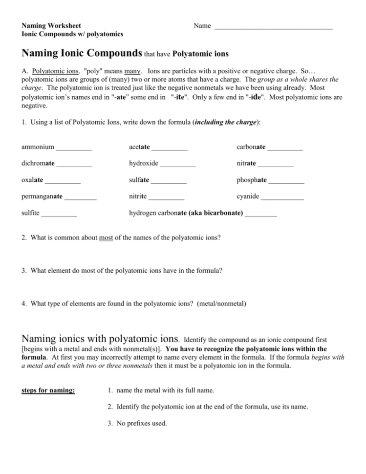 Naming Worksheet Name Ionic Compounds W Polyatomics Naming