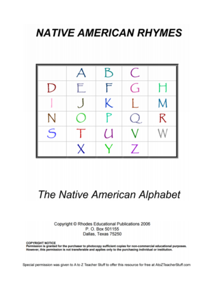 Native American Rhymes Printable Resources  A To Z Teacher
