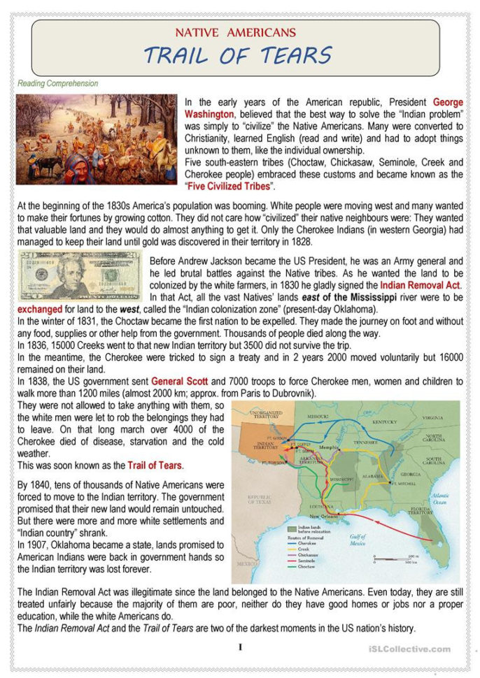 Native Americans Usa  Trail Of Tears  Quiz  English Esl
