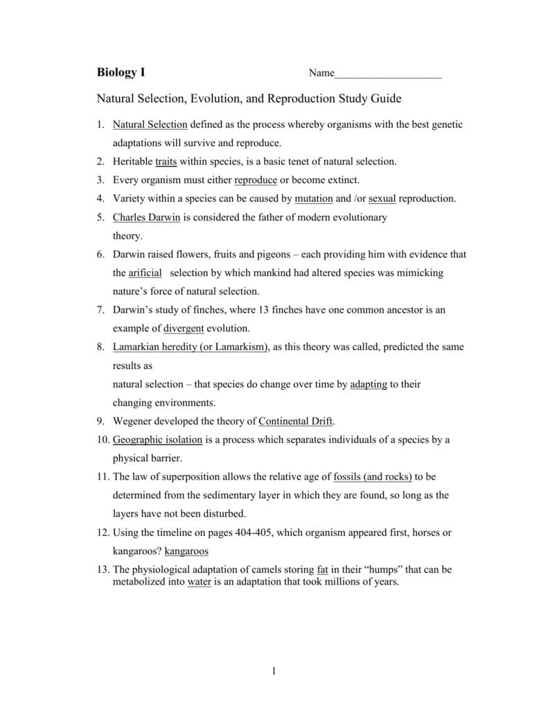 Natural Selection Worksheet