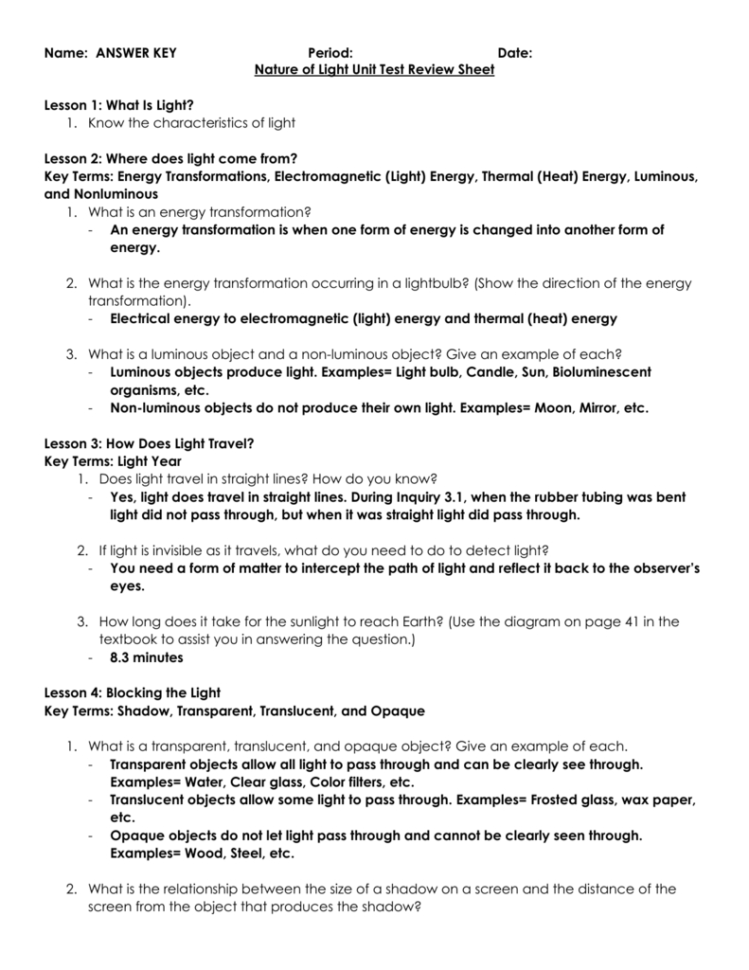 Nature Of Light Review Sheet Answer Key