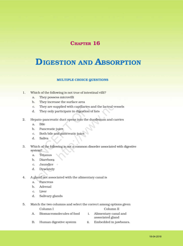 Ncert Exemplar Solution For Class 11 Biology Chapter 16