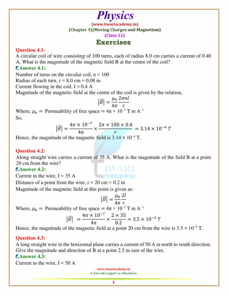 Ncert Solutions For Class 12 Physics Chapter 4 Moving Charges  Mag