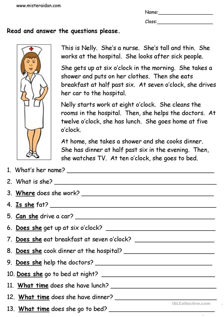 Nelly The Nurse  Reading Comprehension  English Esl Worksheets