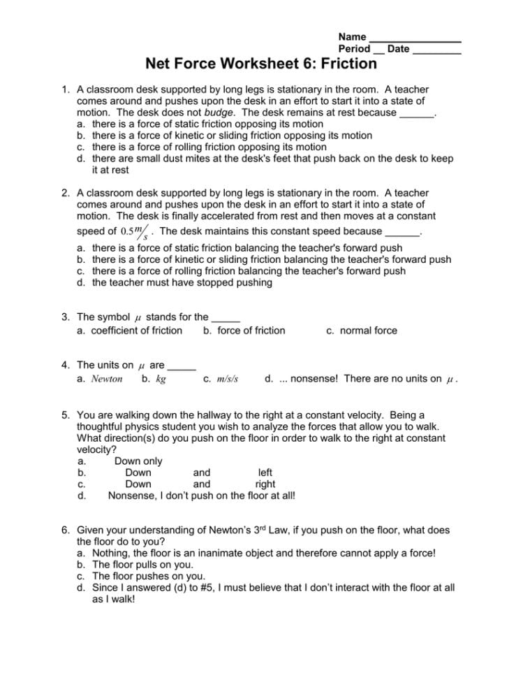 Net Force Worksheet 6 Friction