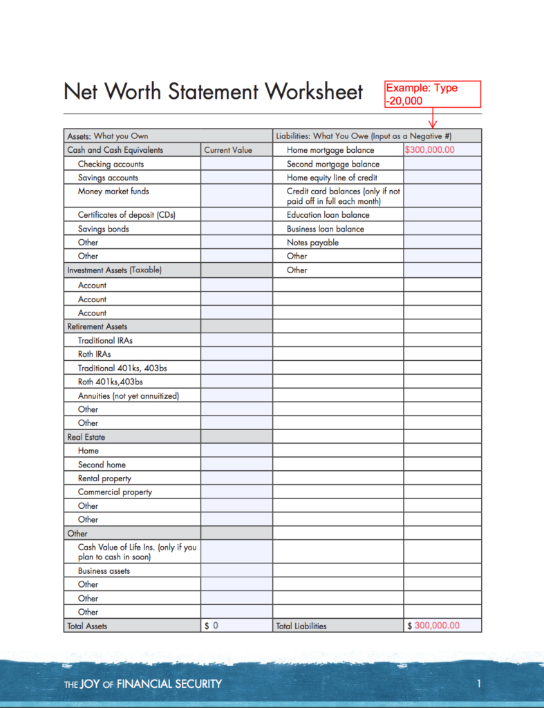 Net Worth Statement Worksheet