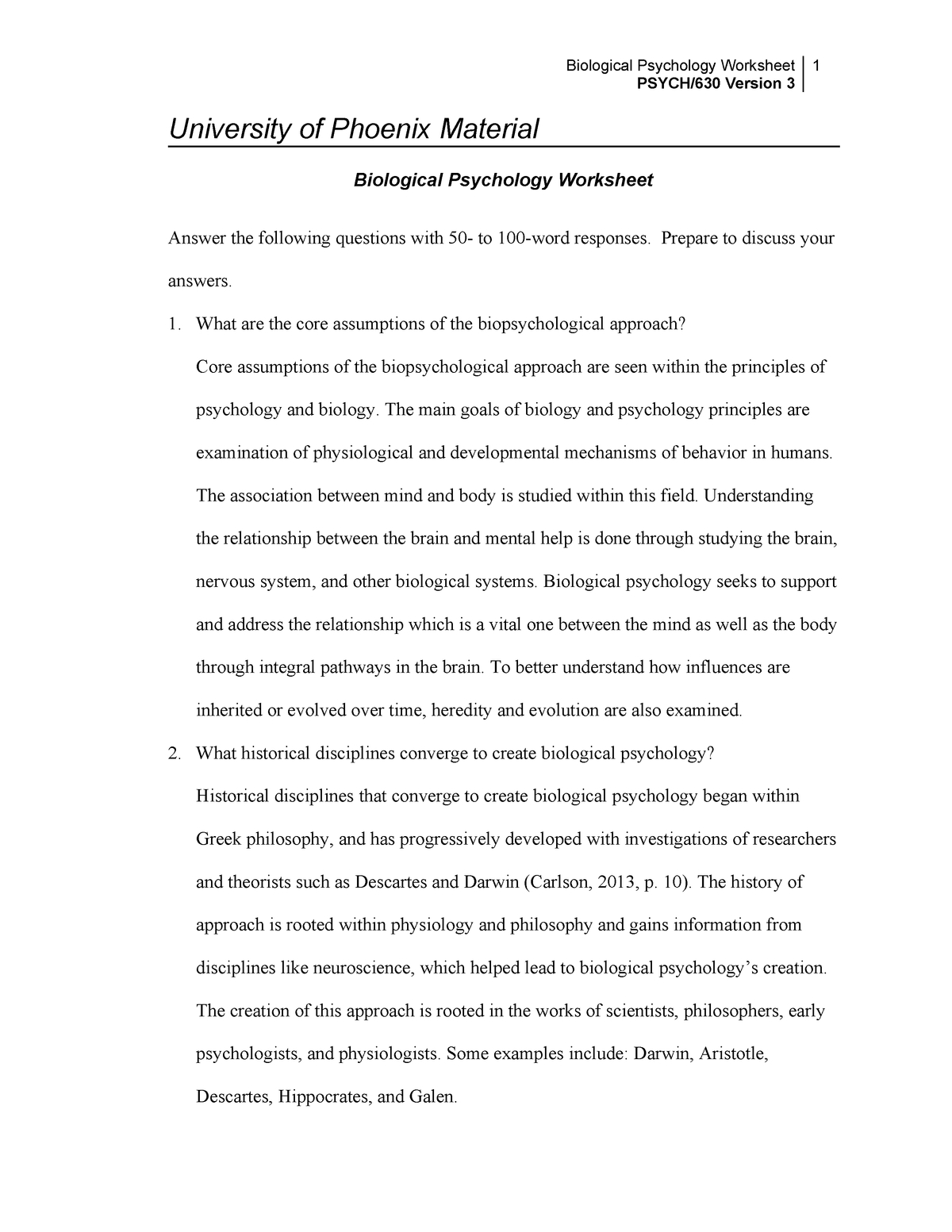 Neurological Psychology Worksheet  Psych 630  Uopx  Studocu