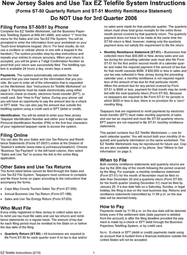 New Jersey Sales And Use Tax Ez Telefile System Instructions