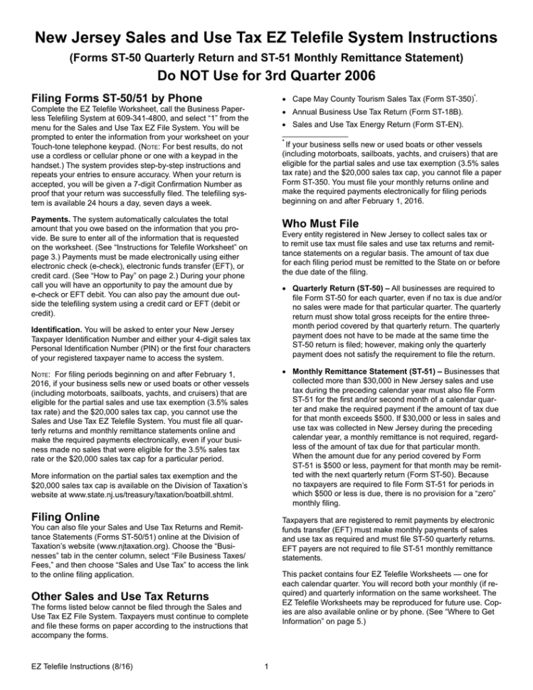 New Jersey Sales And Use Tax Ez Telefile System Instructions