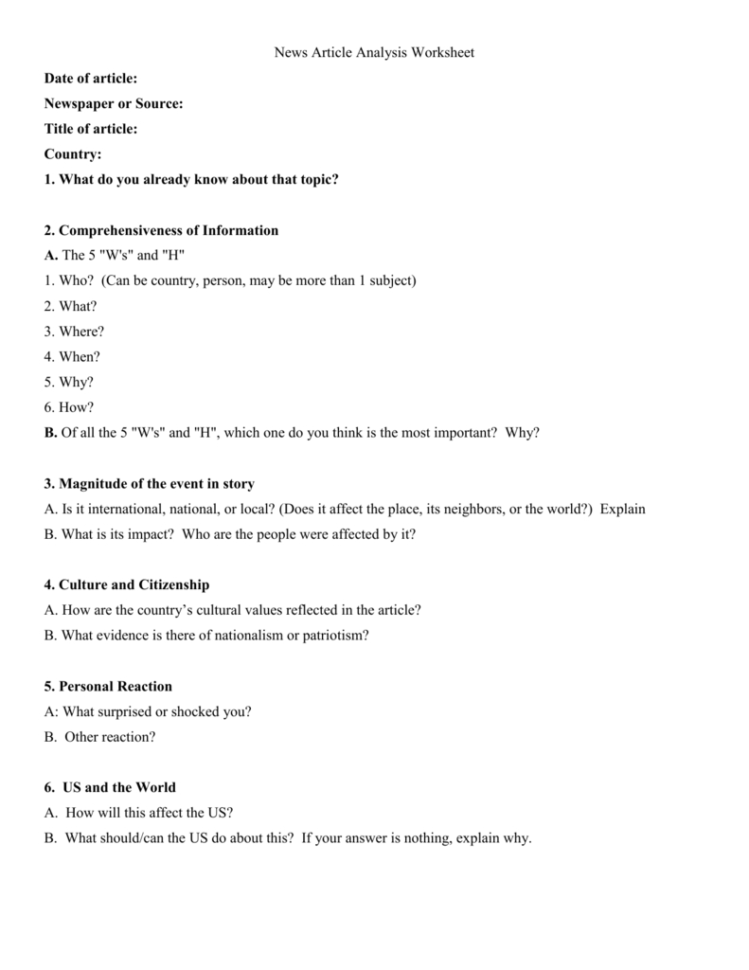 News Article Analysis Worksheet