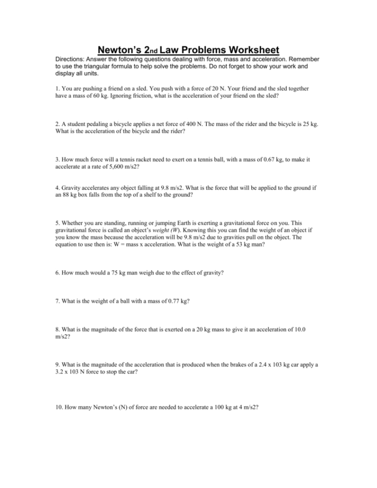 Newton's 2Nd Law Problems Worksheet  Science
