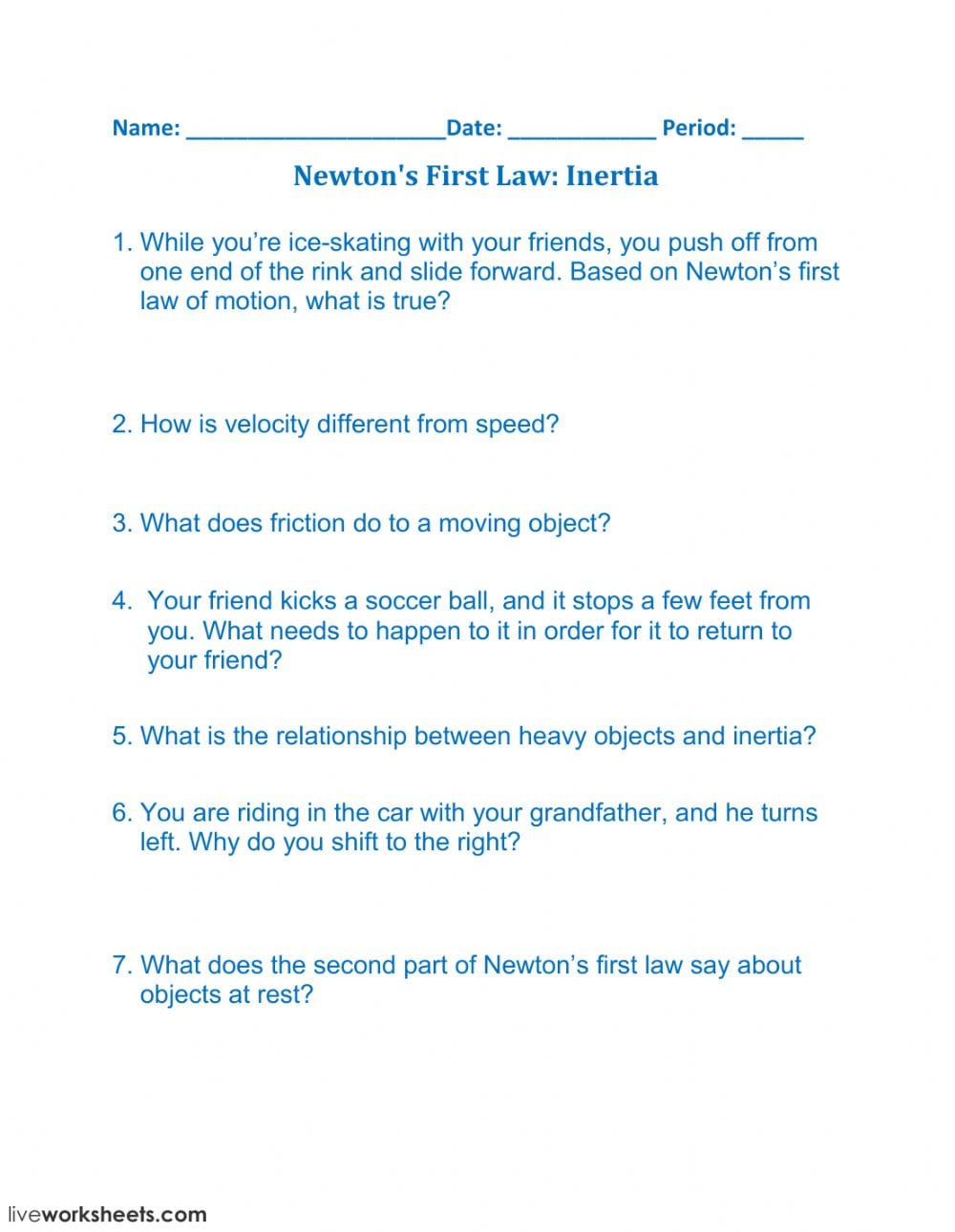 Newton's Ft Law Inertia  Interactive Worksheet