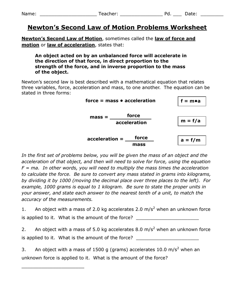 Newtons Second Law Of Motion Problems Worksheet