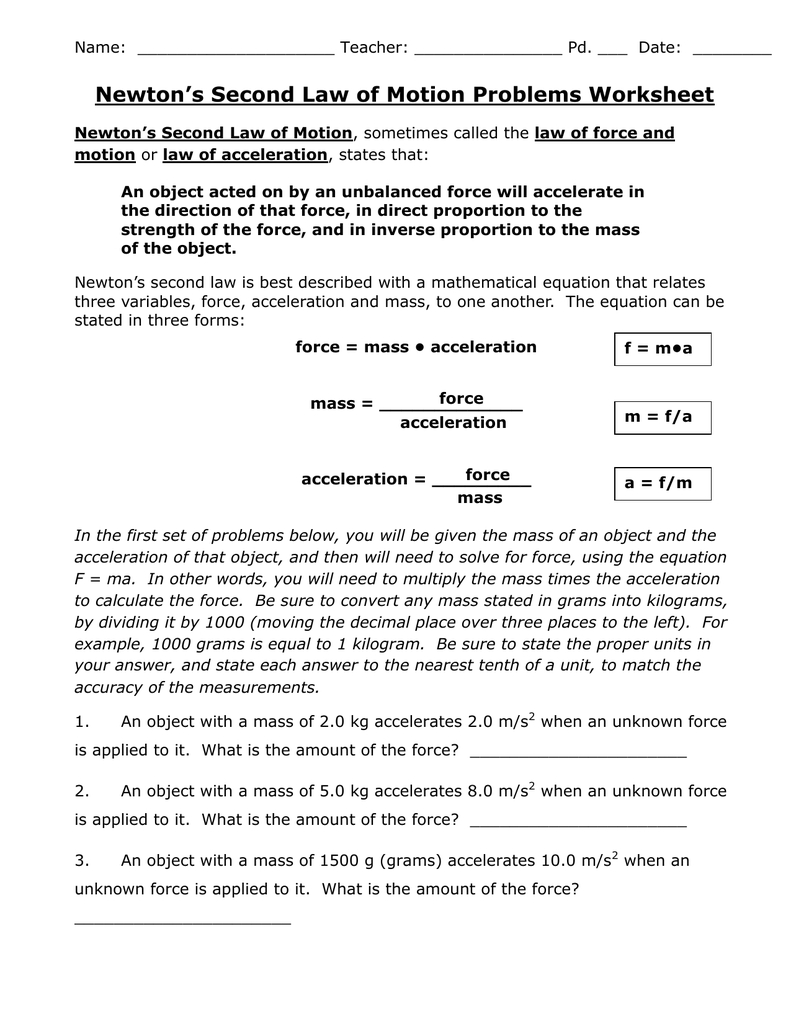 Newtons Second Law Of Motion Problems Worksheet Db excel