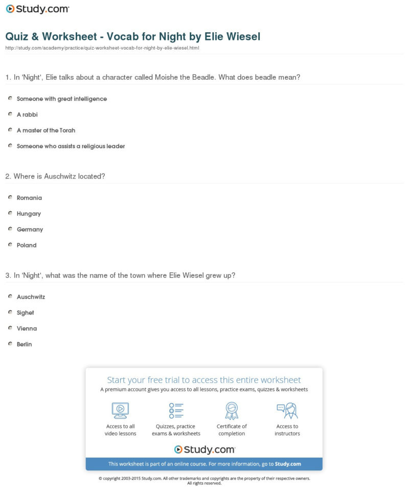 Night Elie Wiesel Worksheet Answers  Yooob