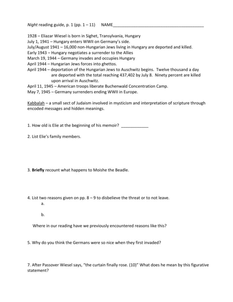 Night Reading Guide P 1 Pp 1 – 11