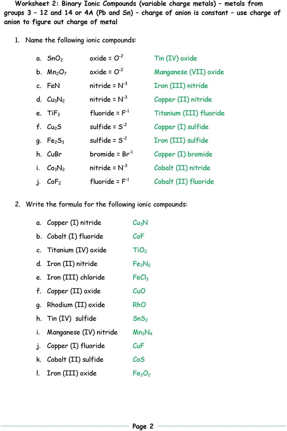 Nomenclature Packet 1 Name The Following Ionic Compounds