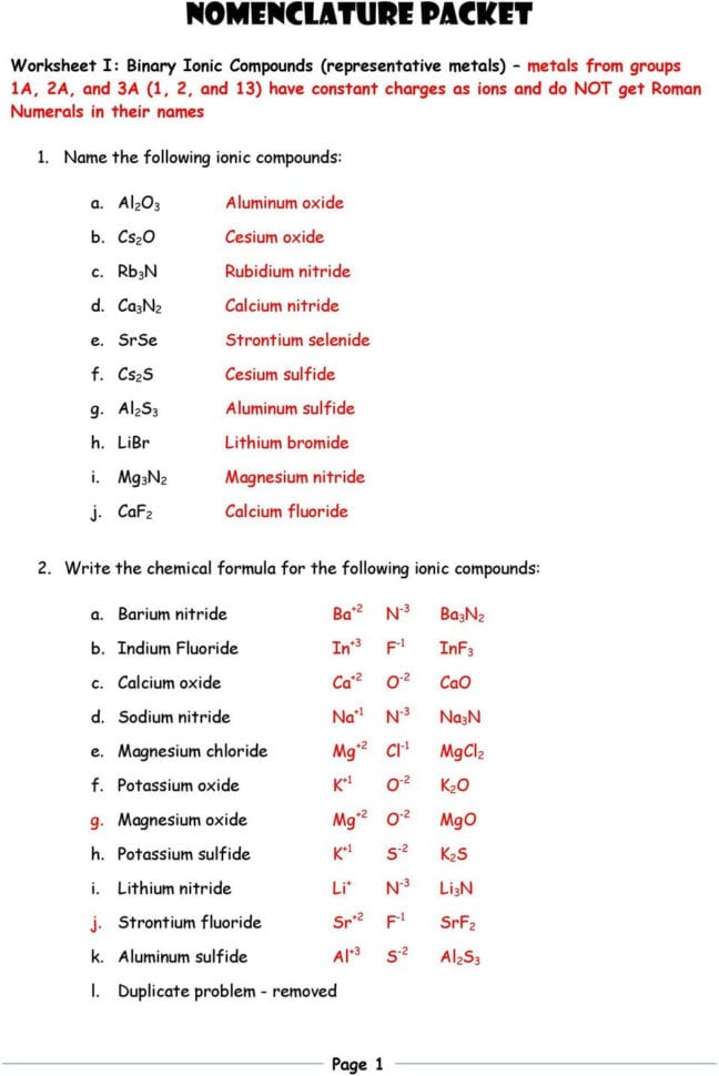 Nomenclature Packet 1 Name The Following Ionic Compounds