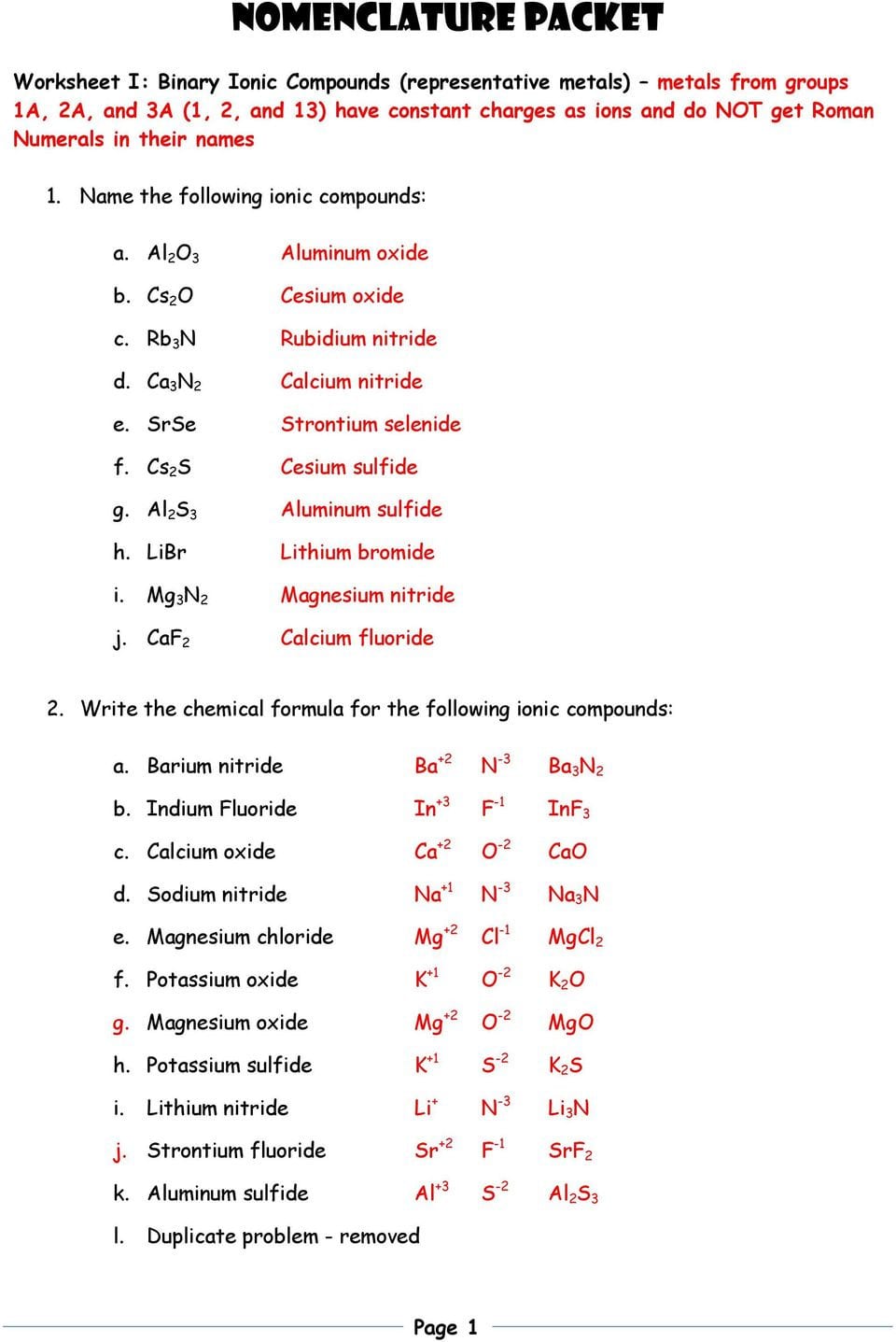 Compounds worksheets. Binary Ionic Compounds examples.