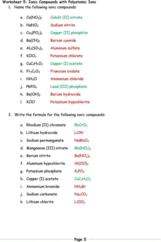 Nomenclature Packet 1 Name The Following Ionic Compounds