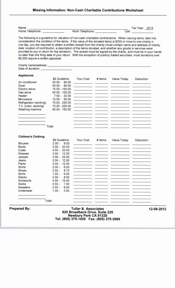 Non Cash Charitable Contributions Worksheet 2016 – 7Th Grade