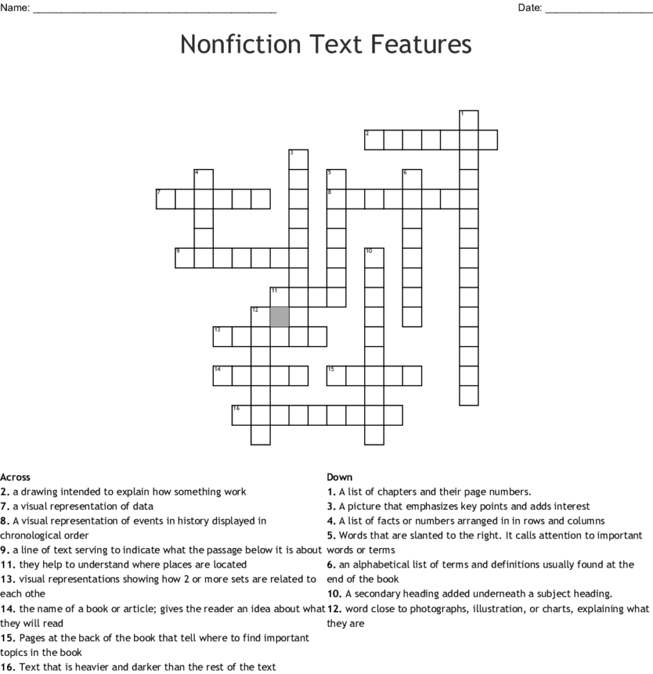 Nonfiction Text Features Crossword  Word