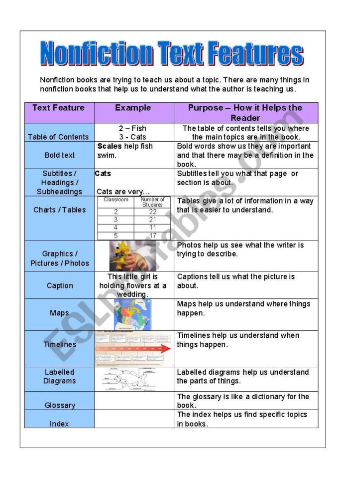 Nonfiction Text Features Handoutposter And Activities  Esl