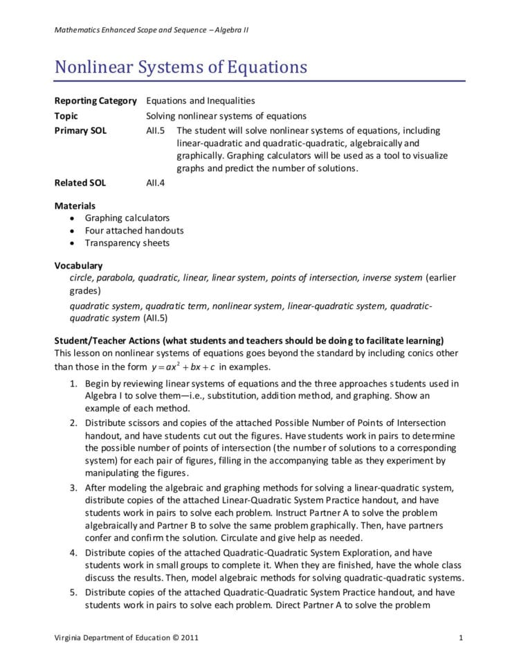 Nonlinear Systems Of Equations  Vdoe Pages 1  9  Text
