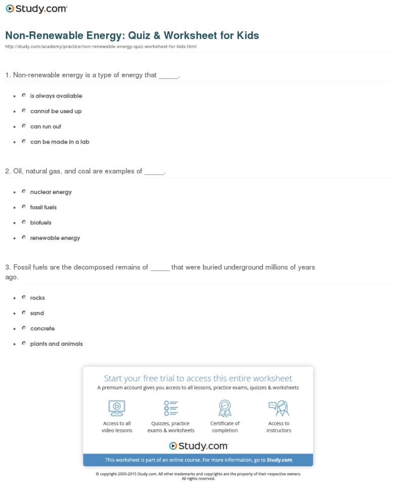 Nonreneble Energy Quiz  Worksheet For Kids  Study