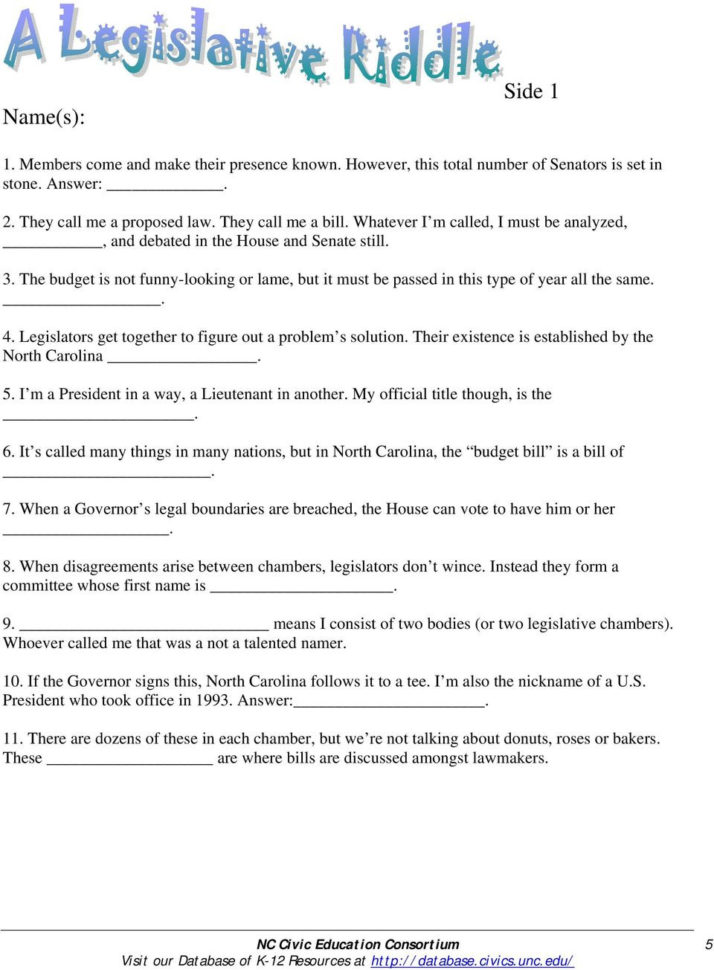 North Carolina Legislative Branch Poster Riddles  Pdf