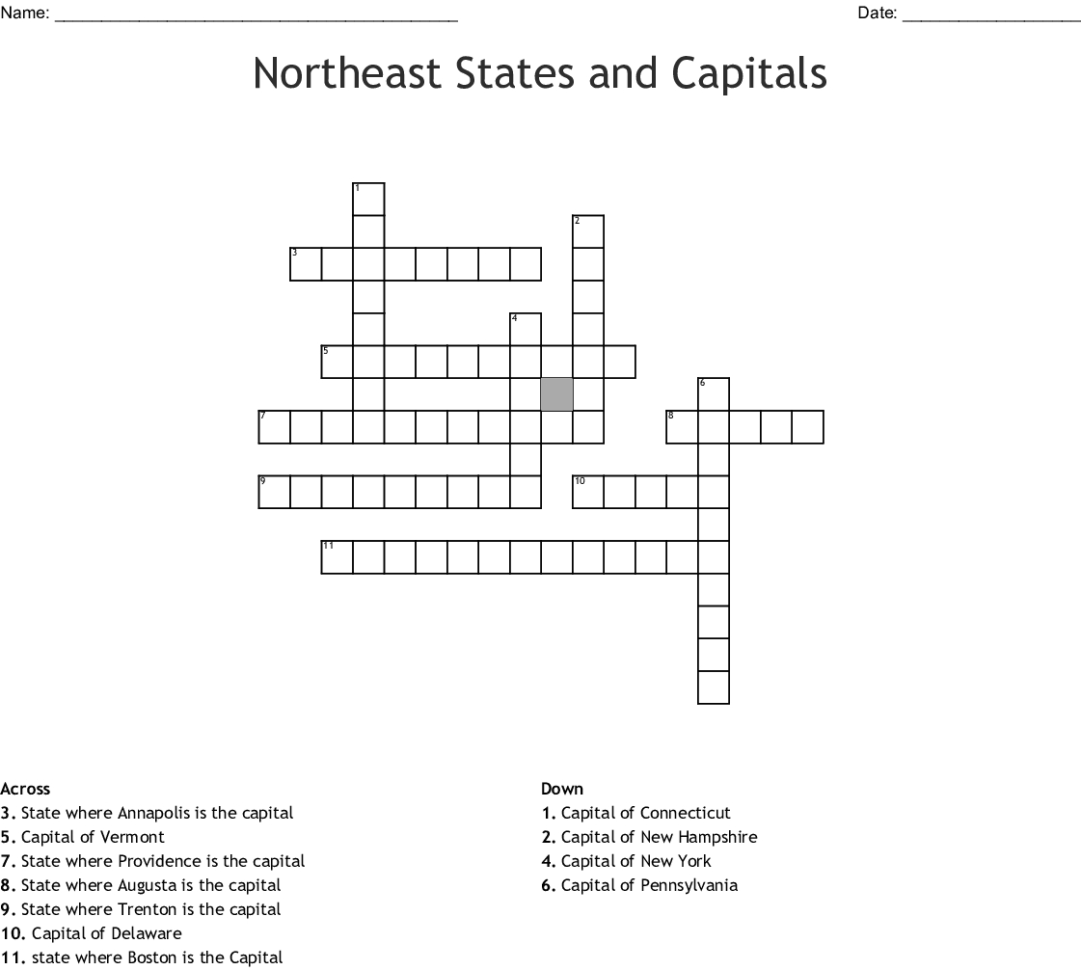 Northeast States And Capitals Crossword  Word