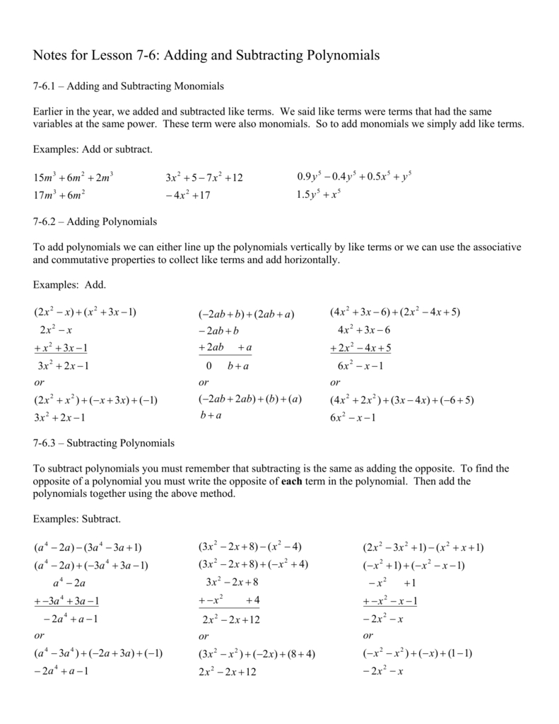 Notes For Lesson 76 Adding And Subtracting Polynomials