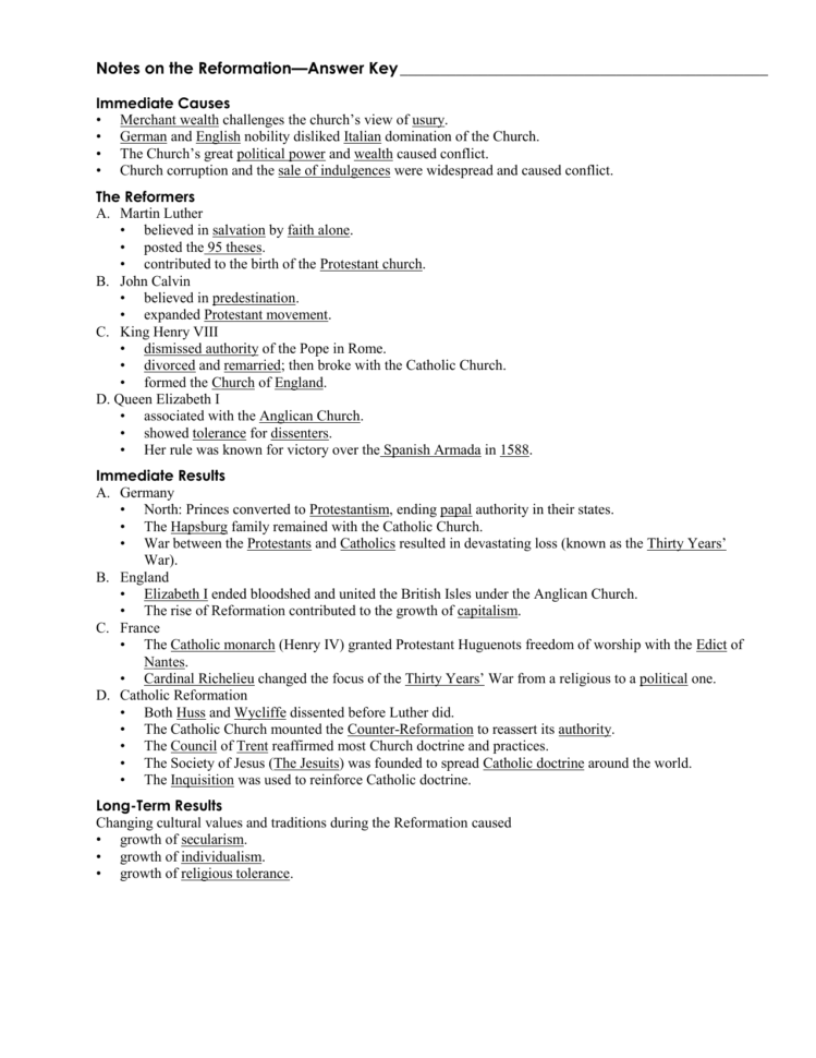 Notes On The Reformation—Answer Key